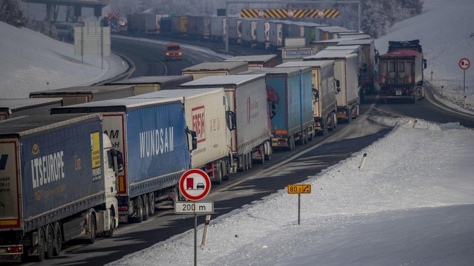 Trucks stand in the about 30km-long-tailback on highway D8 in direction of German border near Usti nad Labem, Czech Republic on 15 February