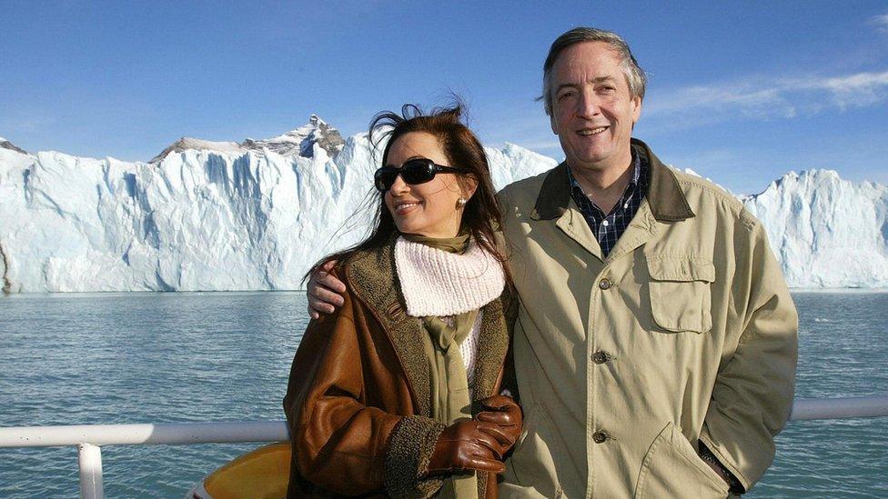 Nestor Kirchner - then Argentine president-elect - and his wife, Senator Cristina Fernandez de Kirchner, pose for photographers before the Perito Moreno glacier 17 May 2003 in Calafate, southern Argentina.