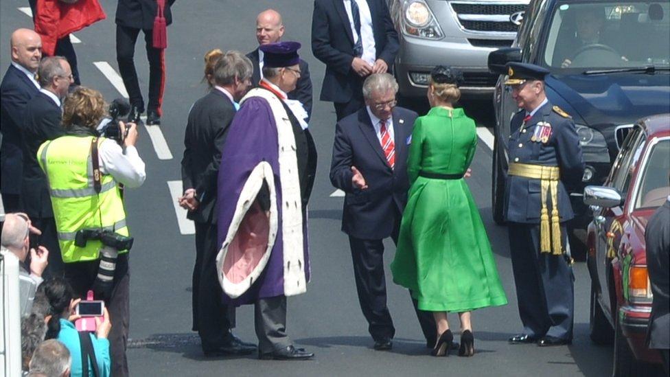 Visit of Countess of Wessex to Guernsey, speaking with the Bailiff Sir Richard Collas, Culture and Leisure Minister Mike O'Hara and Air Marshal Peter Walker