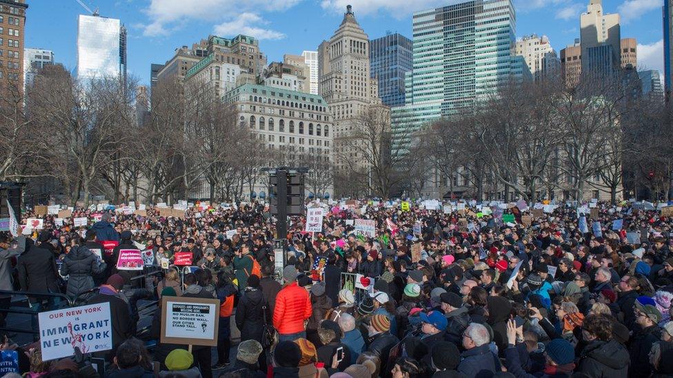 Protesters gather in Battery Park and march to the offices of Customs and Border Patrol in Manhattan to protest President Trump's Executive order imposing controls on travellers from Iran, Iraq, Libya, Somalia, Sudan, Syria and Yemen, January 29, 2017 in New York.