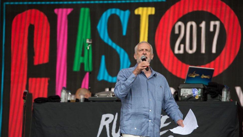 Jeremy Corbyn addresses the crowd from the Pyramid Stage at Glastonbury