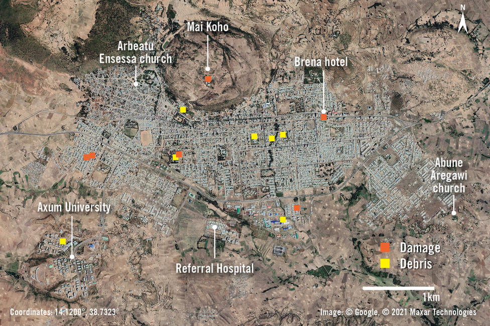 A satellite photo of Aksum, showing some of the damage