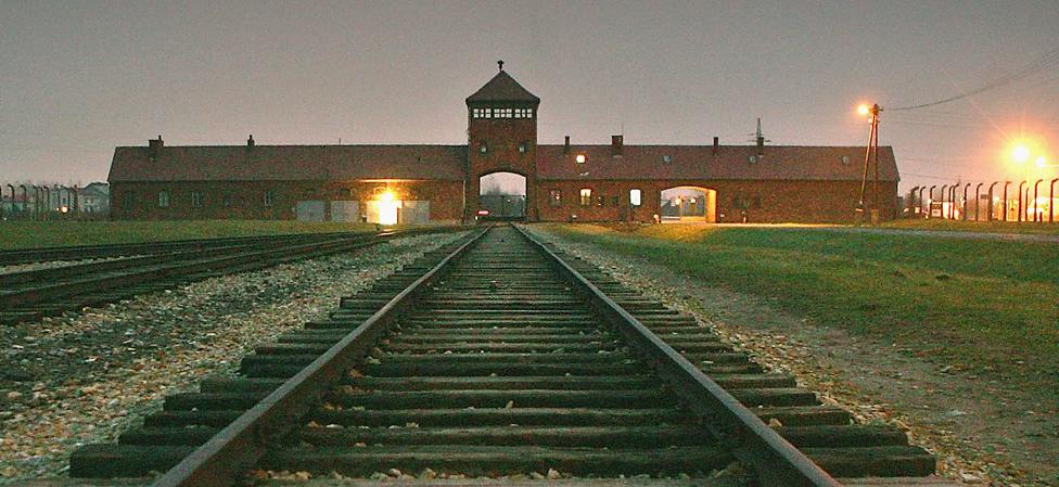 Auschwitz main gate and railway line