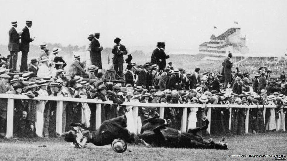 Emily Davison was fatally injured as she tries to stop the king's horse 'Amner' on Derby Day, 1913