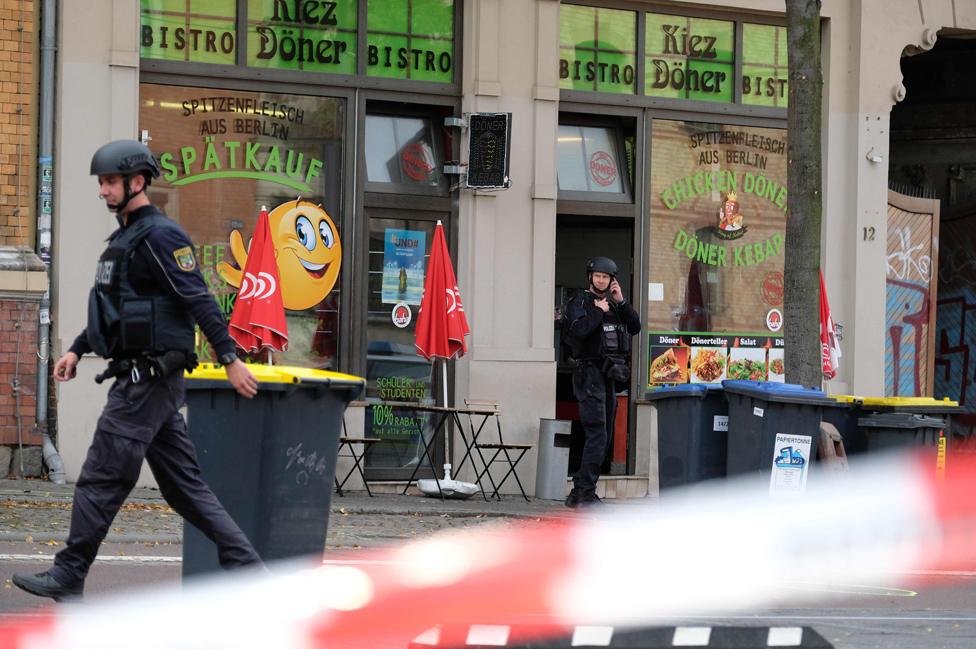 Police at scene outside Doner kebab shop, Halle, 9 Oct 19