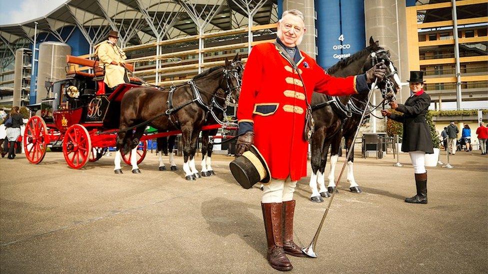 Martin Horler and the mail coach, in front of Ascot racecourse