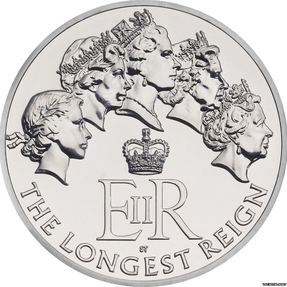 The commemorative coin depicting the Queen through her reign that has been unveiled to mark her becoming the longest reigning monarch in British history