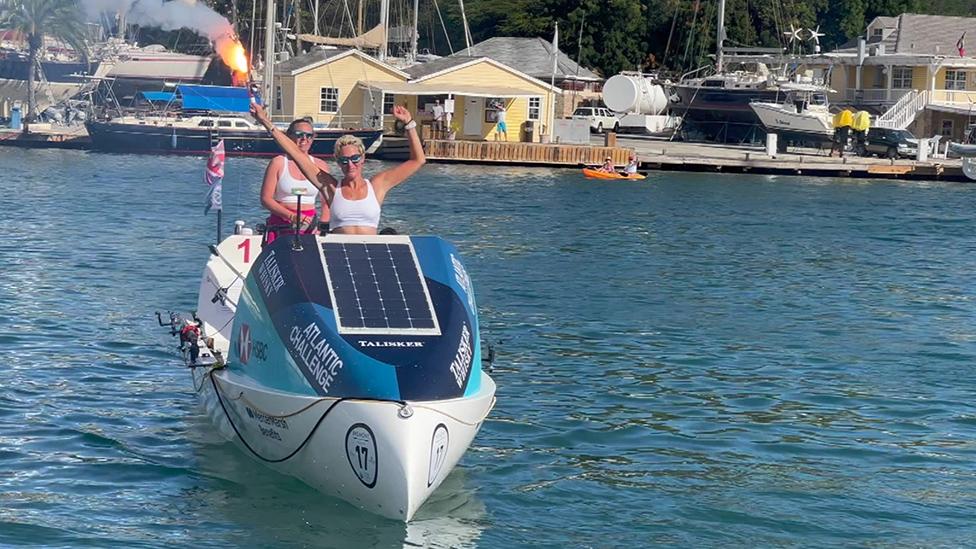 Kat Cordiner, Charlotte Irving and Abby Johnston arrive on the Dolly Parton in Antigua