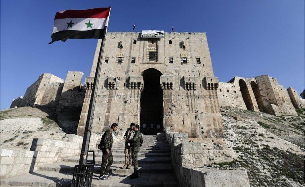 Syrian soldiers outside Aleppo's Citadel (Jan 2017)