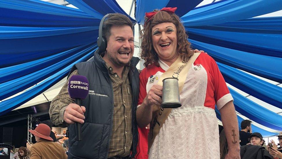 Fred Thomas as Betty Stoggs with BBC Radio Cornwall presenter James Dundon