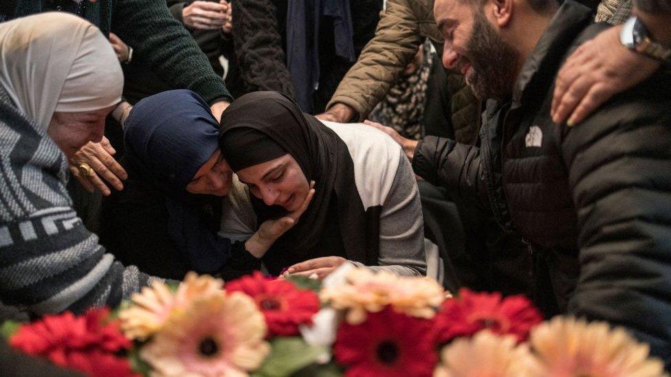 Relatives of 17-year-old American-Palestinian who was shot by Israeli forces in the West Bank during a funeral ceremony near Ramallah in the West Bank on Jan. 20, 2024.