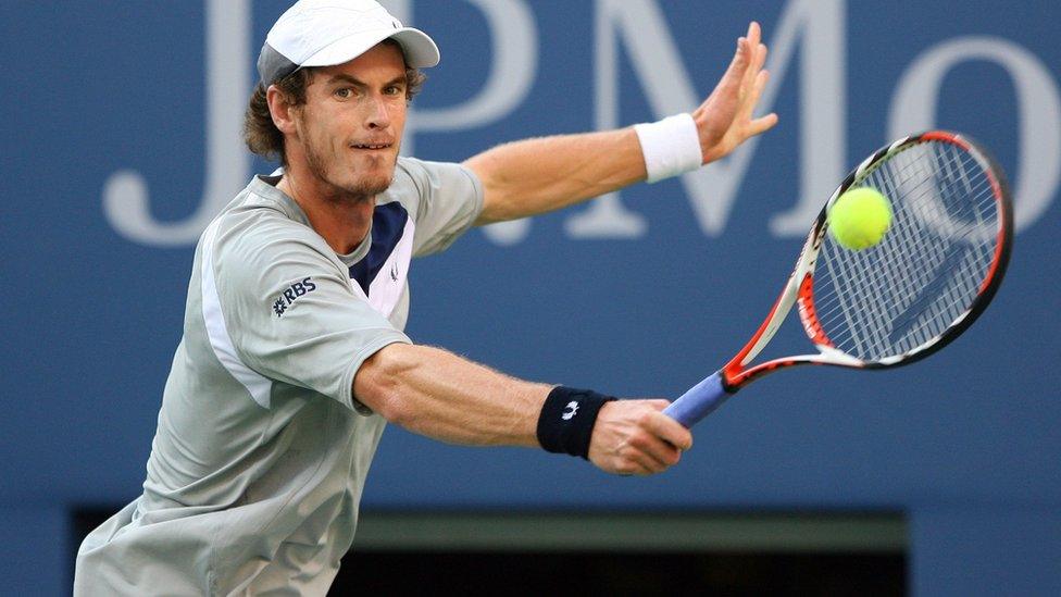 Andy Murray of the United Kingdom hits a backhand to Roger Federer of Switzerland in the 2008 U.S. Open Men"s Championship