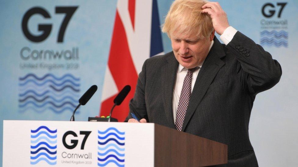 Prime Minister Boris Johnson speaks at a press conference on the final day of the G7 Summit in Carbis Bay