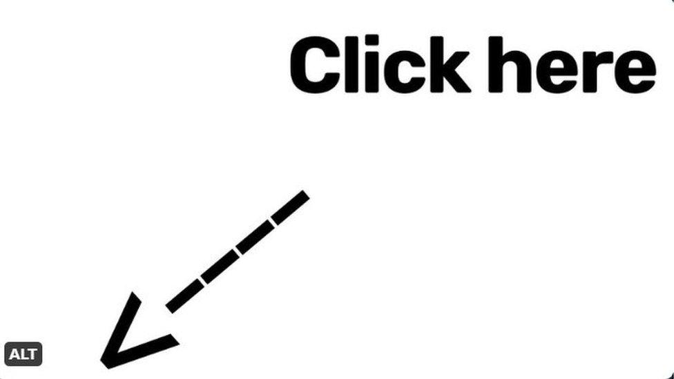 The Twitter meme with black text saying "click here" against a white background. A black arrow points to the alt text box