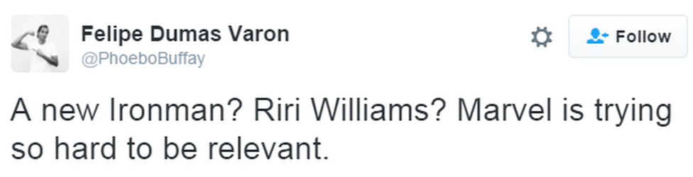 A tweet reads: "A new Ironman? Riri Williams? Marvel is trying so hard to be relevant."