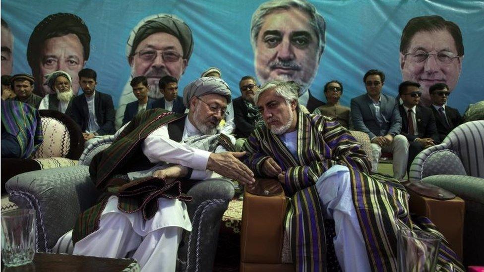 Abdullah Abdullah, Chief Executive of Afghanistan (right) chats with Ustad Abdul Karim Khalili (left) during todays final campaign rally in Bamiyan, Afghanistan on September 25, 2019.