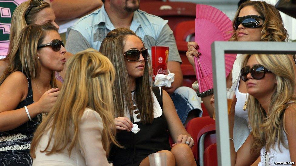 Colleen Rooney, Elen Rives and Alex Curran (Steven Gerrard) watch England versus Ecuador at Stuttgart's Gottlieb-Daimler Stadium, 25 June 2006.