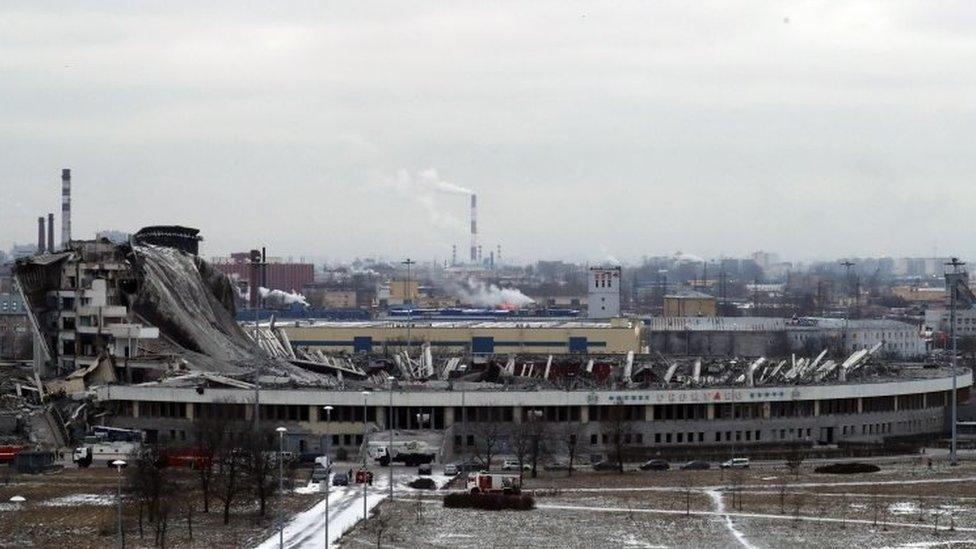 The collapsed sports complex SKK Peterburgskiy in St Petersburg, Russia. Photo: 31 January 2020