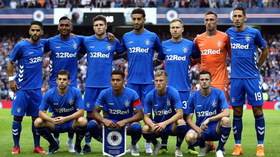 Rangers pose for a photo before their Europa League match against Shkupi