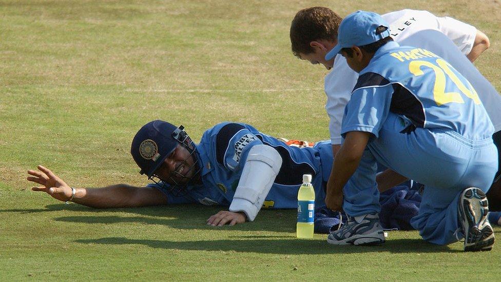 Sachin Tendulkar of India receives medical attention during the ICC Cricket World Cup 2003 Pool A match between India and Pakistan held on March 1, 2003