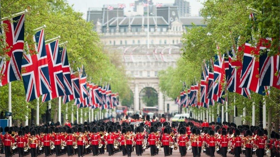 Troops march along The Mall for Trooping the Colour parade