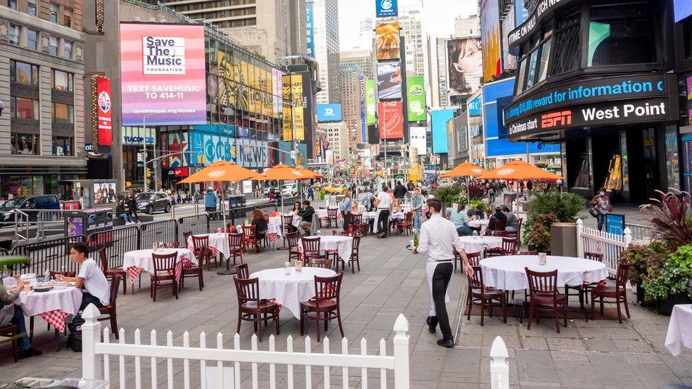 People dine at Tony's Di Napoli's outdoor seating on October 23, 2020 in New York City