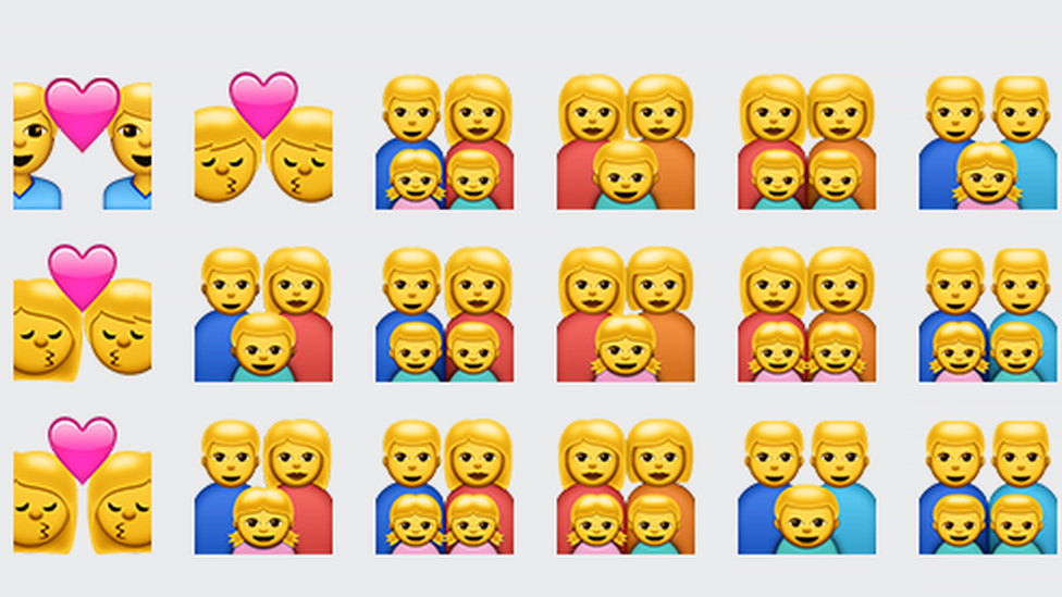 WhatsApp emojis showing same-sex couples and families