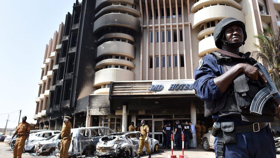 A soldier standing guard before the Splendid Hotel in the wake of the Islamist attack in January - Ouagadougou, Burkina Faso - January 2016