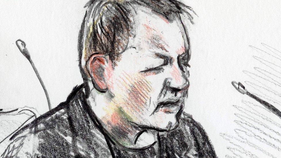 A court drawing of Peter Madsen during his trial in Copenhagen, 25 April 2018