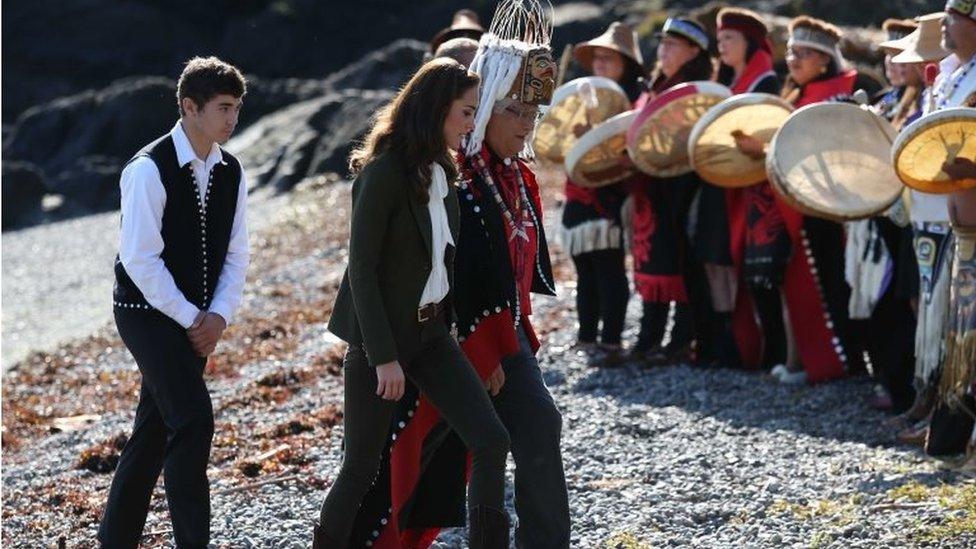 The couple received a First Nations welcome after arriving by canoe at the Haida Heritage Centre and Museum