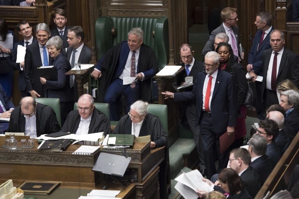 Speaker John Bercow flanked by Theresa May and Jeremy Corbyn