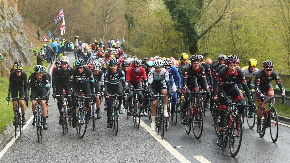 The peloton climbs Sutton Bank during the third stage of the 2016 Tour de Yorkshire between Middlesbrough and Scarborough on May 1, 2016