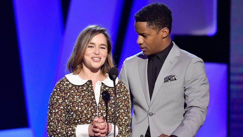 Emilia Clarke presenting alongside Nate Parker at this year's IFC Spirit Awards.