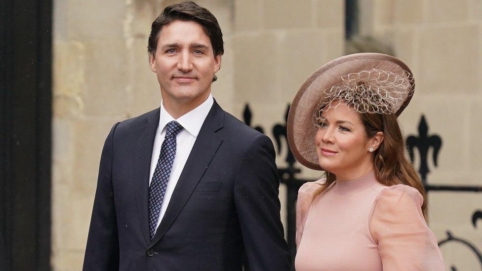 Canadian Prime Minister Justin Trudeau and wife Sophie Trudeau arriving ahead of the coronation ceremony of King Charles III and Queen Camilla