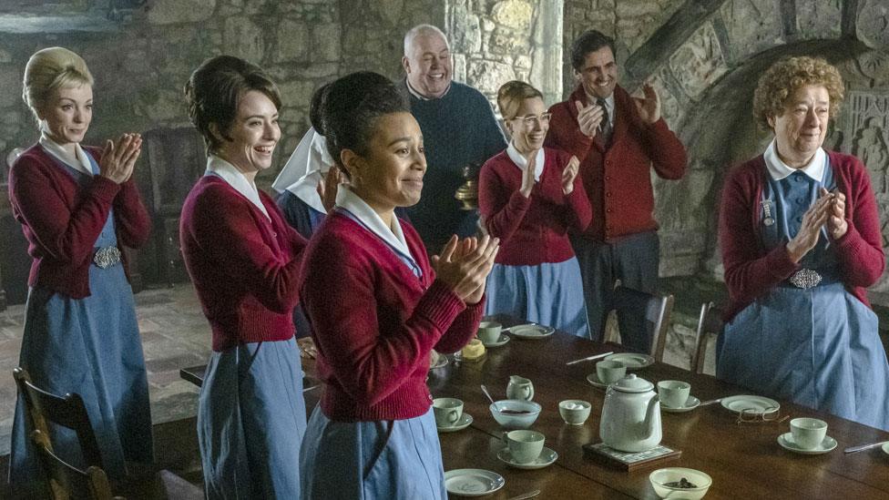 Helen George, Jennifer Kirby, Leonie Elliott, Cliff Parisi, Laura Main, Stephen McGann, Linda Bassett in Call the Midwife