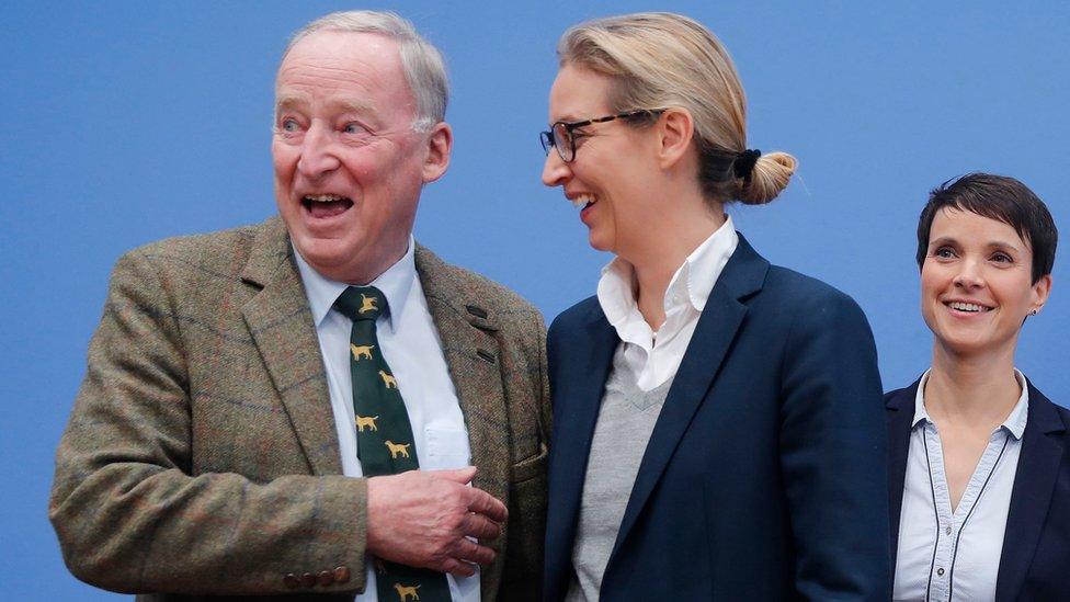 Frauke Petry (R), chairwoman of the anti-immigration party Alternative fuer Deutschland (AfD) poses next top candidates Alice Weidel and Alexander Gauland (L) before a news conference in Berlin, Germany, September 25, 2017