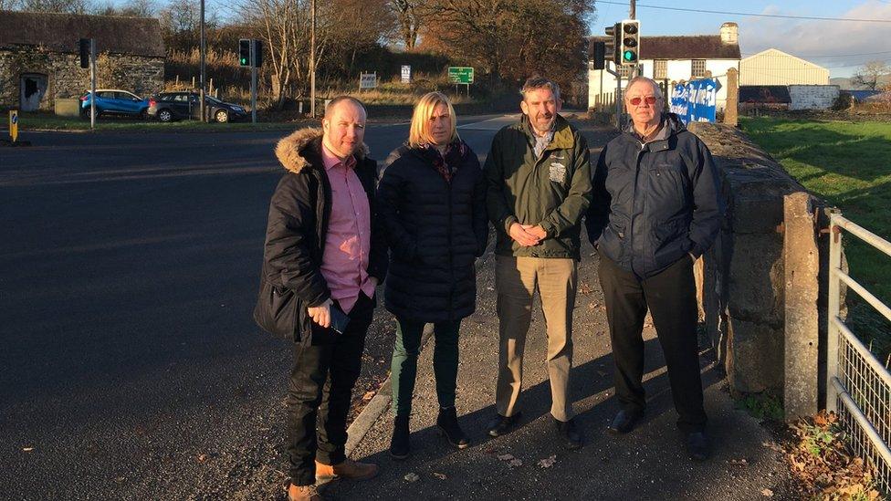 Sian Roberts meets councillors Mabon ap Gwynfor, Huw Jones and Elwyn Edwards at the junction