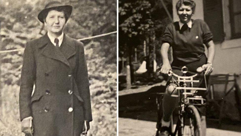 Nicola Trahan as a young woman, riding a bike