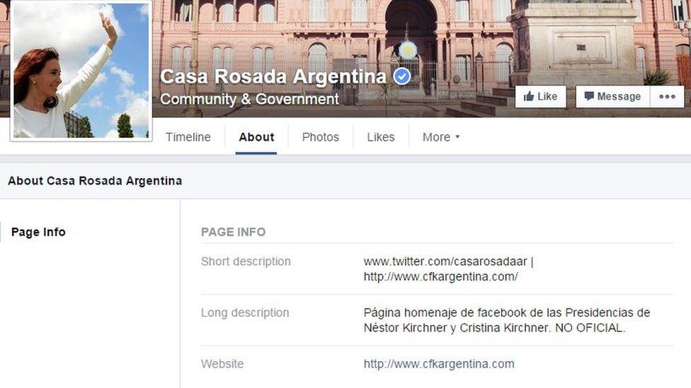 Screengrab of Facebook page of Casa Rosada Argentina