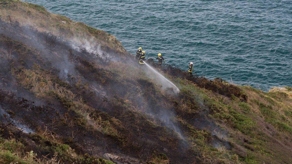 A fire crew hoses down gorse on Sark's cliffs