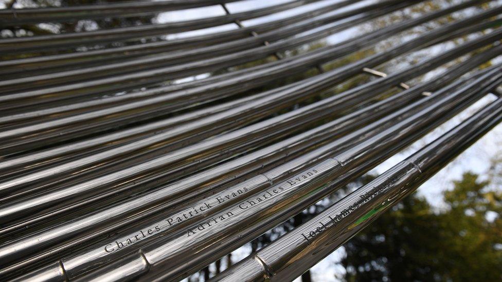 A close-up view of some of the names on the memorial