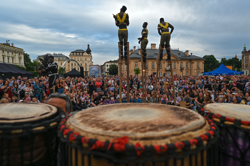 Men on stilts from Togo from a troupe called Afuma performing in Kraków, Poland - Saturday 9 July 2022