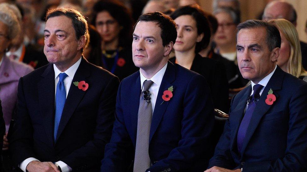 ECB president Mario Draghi, Chancellor George Osborne and Bank of England Governor Mark Carney