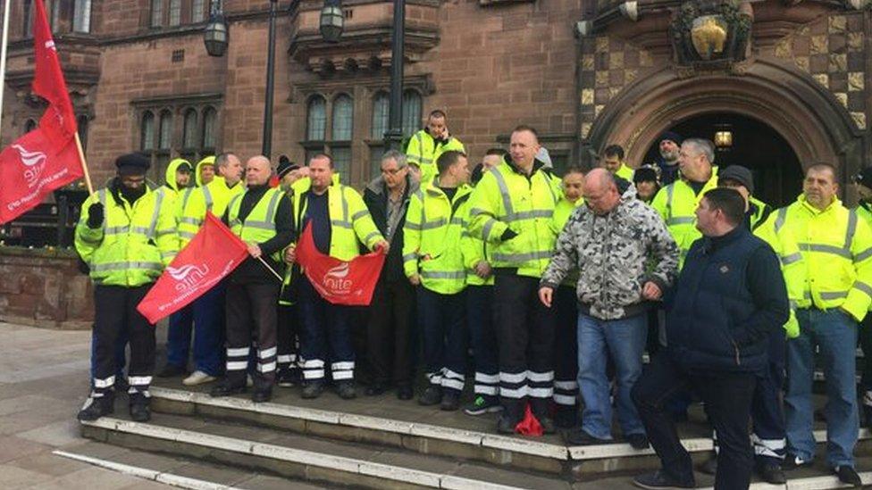 Coventry refuse collectors on strike outside the Council House