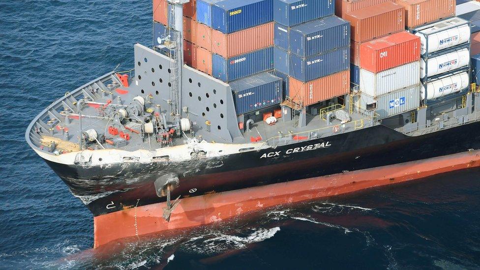 A Philippine-flagged merchant vessel, damaged by colliding with the Arleigh Burke-class guided-missile destroyer USS Fitzgerald