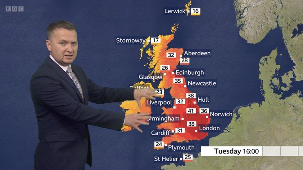 Matt Taylor in front of map of UK with temperatures