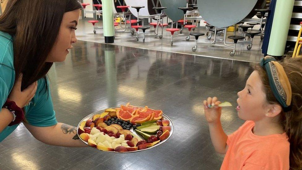 Teacher and pupil from Thornwell Primary School in Chepstow at a healthy eating session