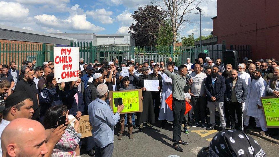 Protesters gathered outside Anderton Park, 24 May