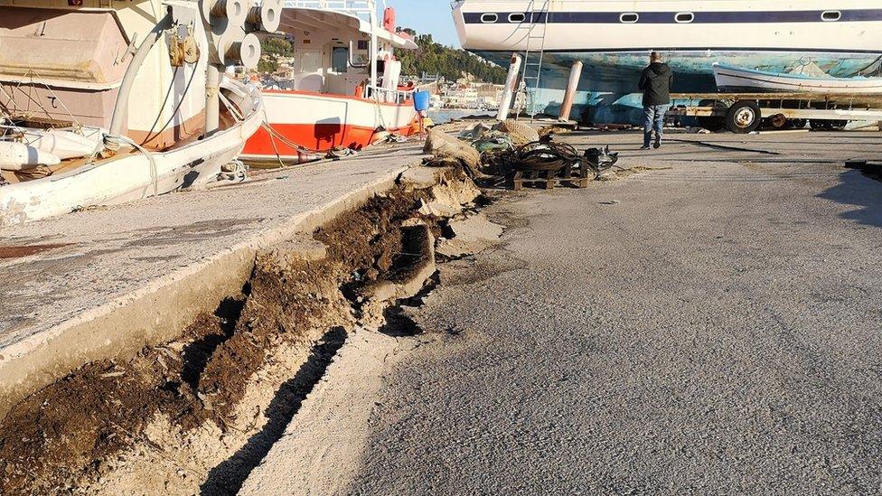 Crack at Zakynthos port after quake on 26 Oct