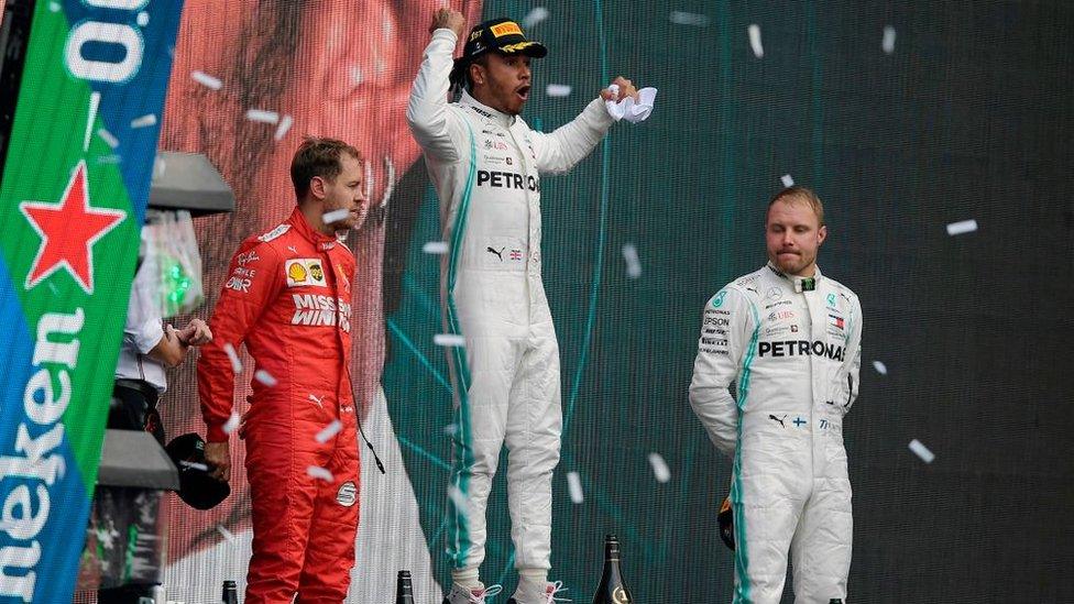 Hamilton celebrates winning his sixth World Title in Mexico, 2019